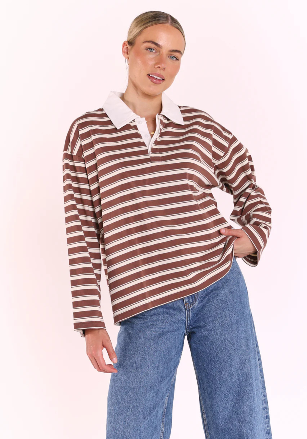FEATHER + NOISE FINN LONG SLEEVE RUGBY TOP - CHOC/CREAM STRPE