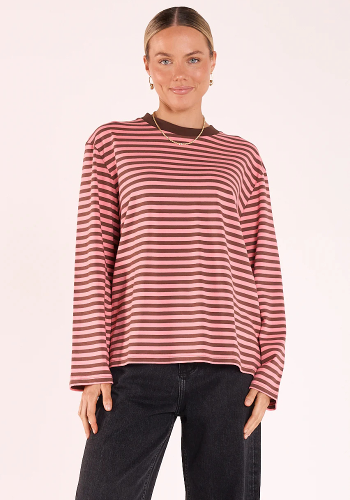FEATHER + NOISE CARTER LONG SLEEVE TEE - CHOC/PINK STRIPE