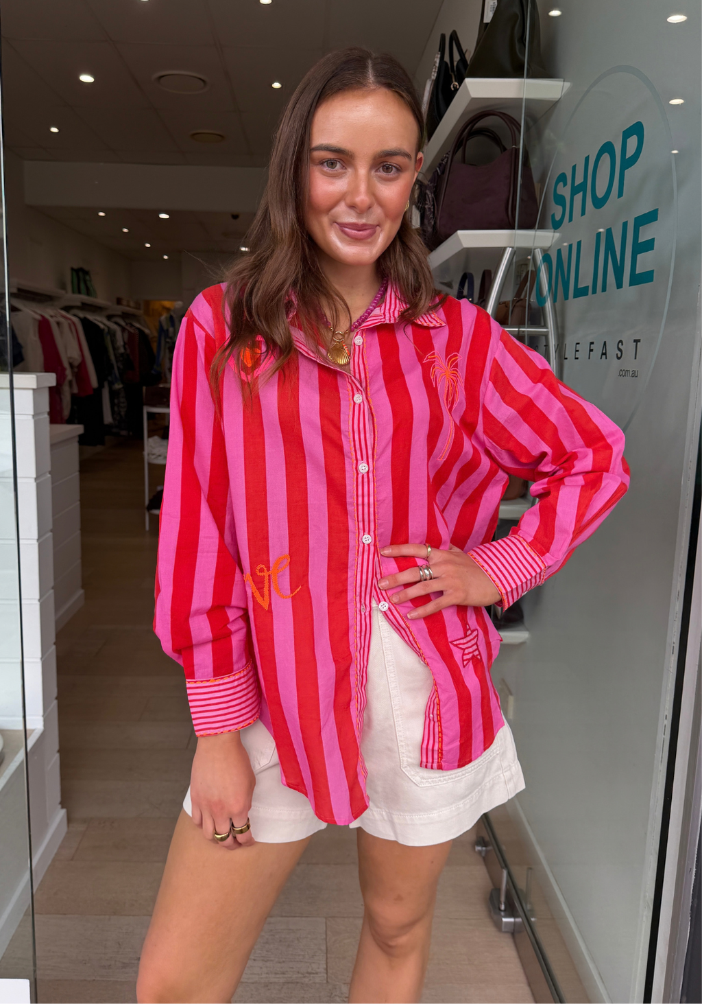 DAISY COTTON SHIRT - RED/PINK STRIPE