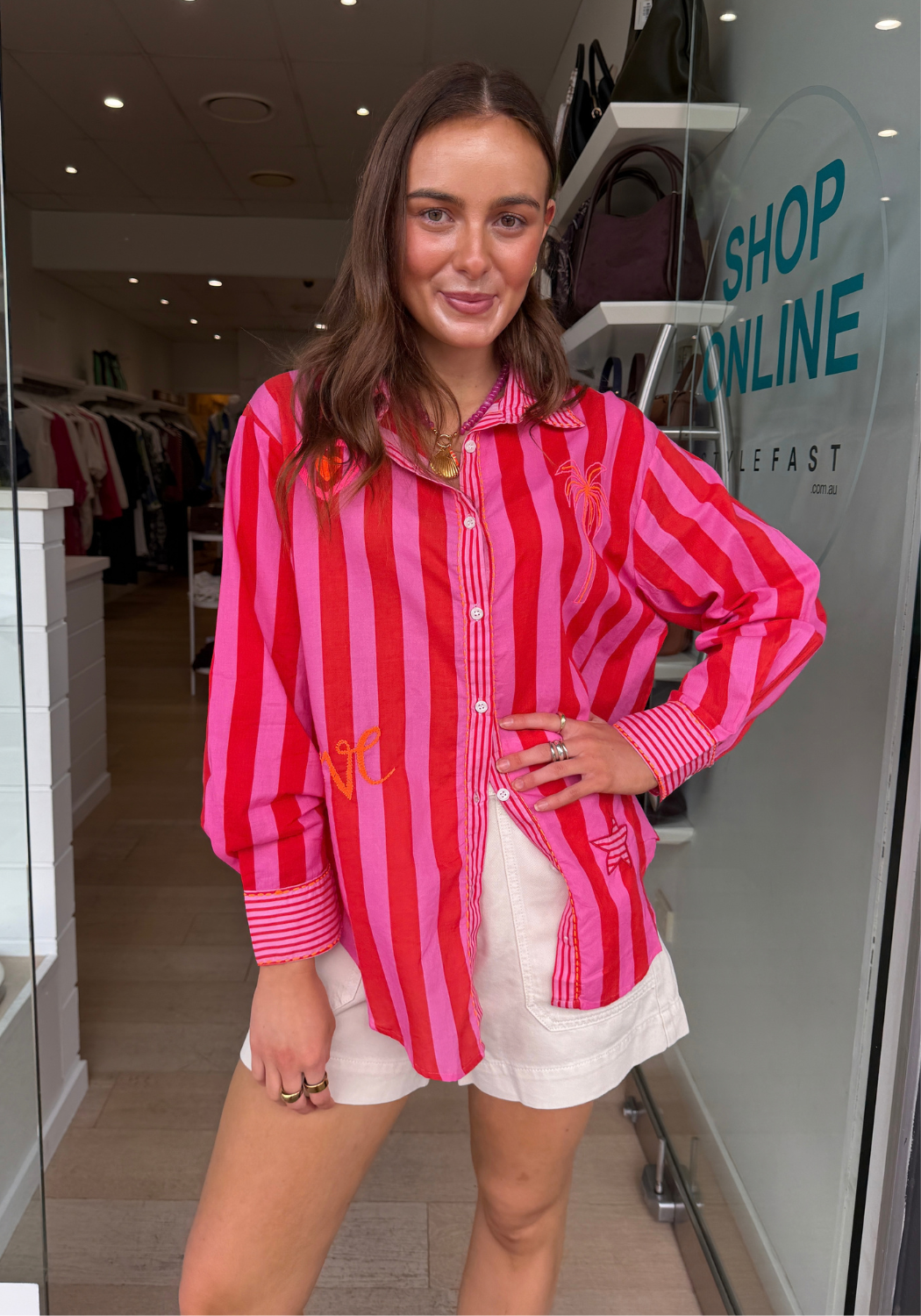 DAISY COTTON SHIRT - RED/PINK STRIPE