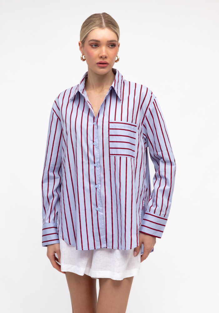 ZANA BUTTON THROUGH SHIRT - BLUE & BURGUNDY