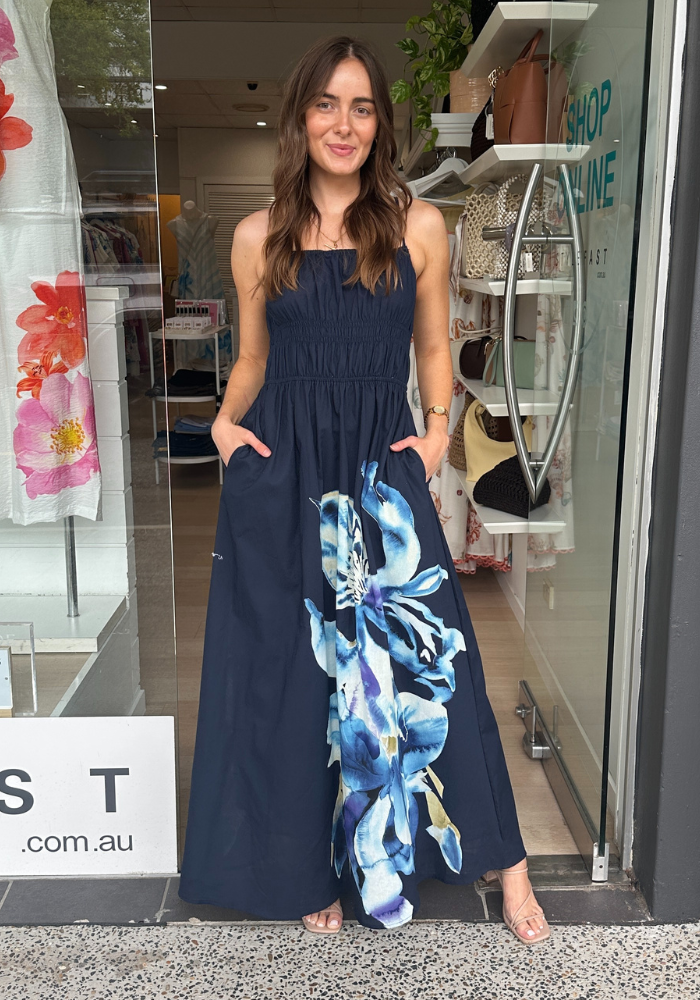 EMILIA SHIRRED BODICE MAXI DRESS - NAVY FLORAL