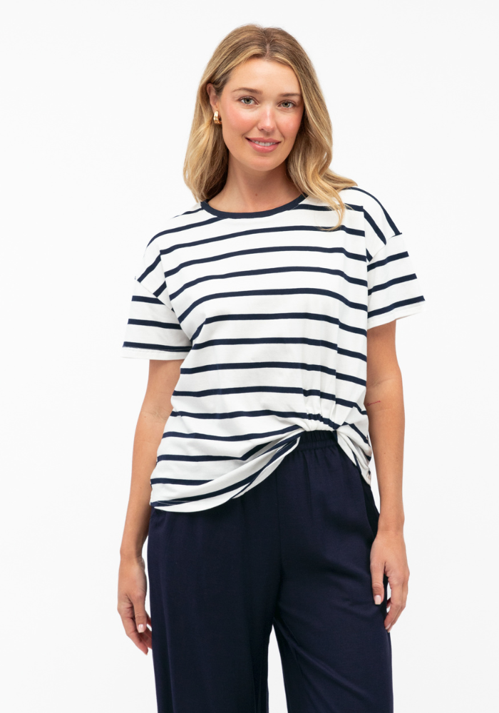 JESSIE EASY TUCK TEE - NAVY/WHTE STRIPE