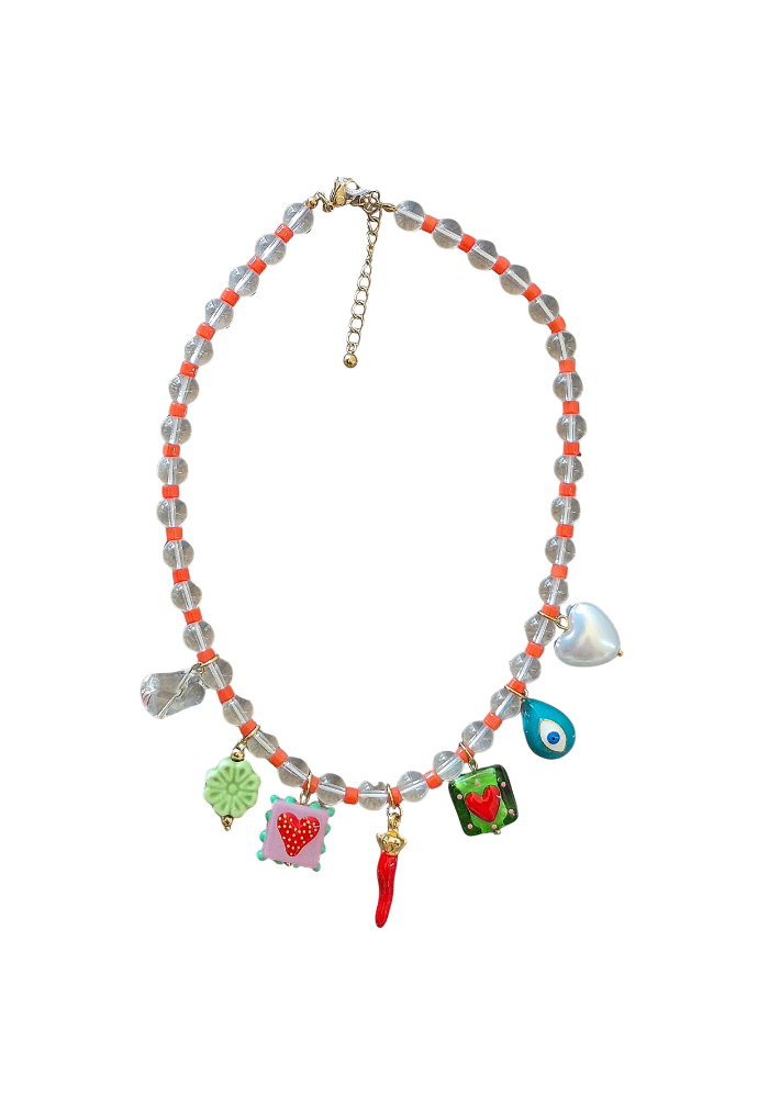 ZODA BEADED CHARM NECKLACE - ORANGE/PEARL