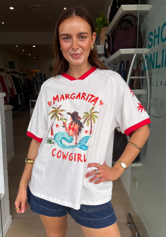 BY FRANKIE V NECK MARGS COWGIRL TEE - RED/PINK