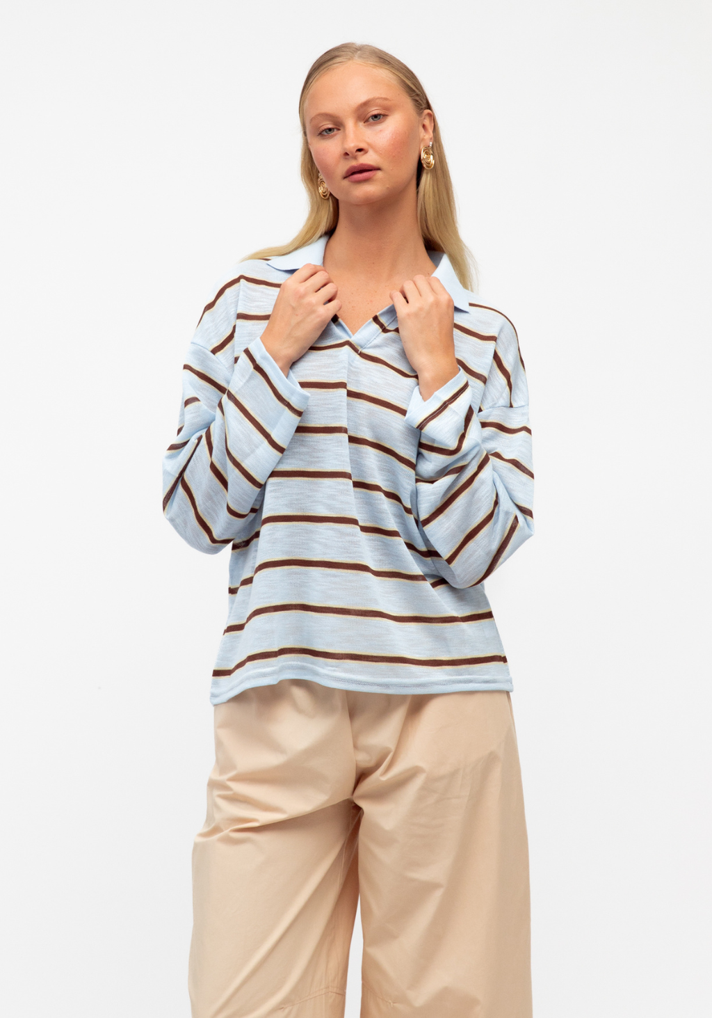 ROMIE COLLARED KNIT - CHOCOLATE & BLUE STRIPE