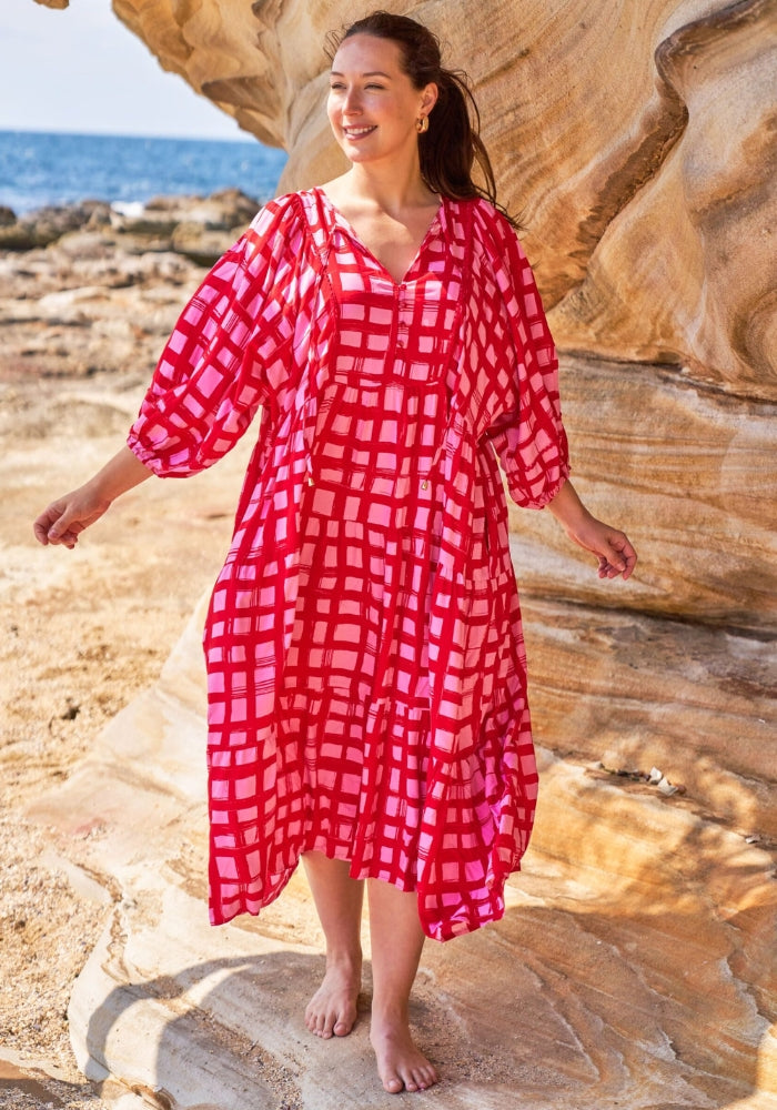 Load image into Gallery viewer, BETHANY BATWING SLEEVE MIDI DRESS - RED AND PINK CHECK