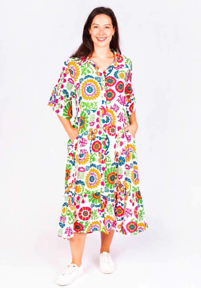 CRYSTAL TIERED MIDI DRESS - NEON FLORAL