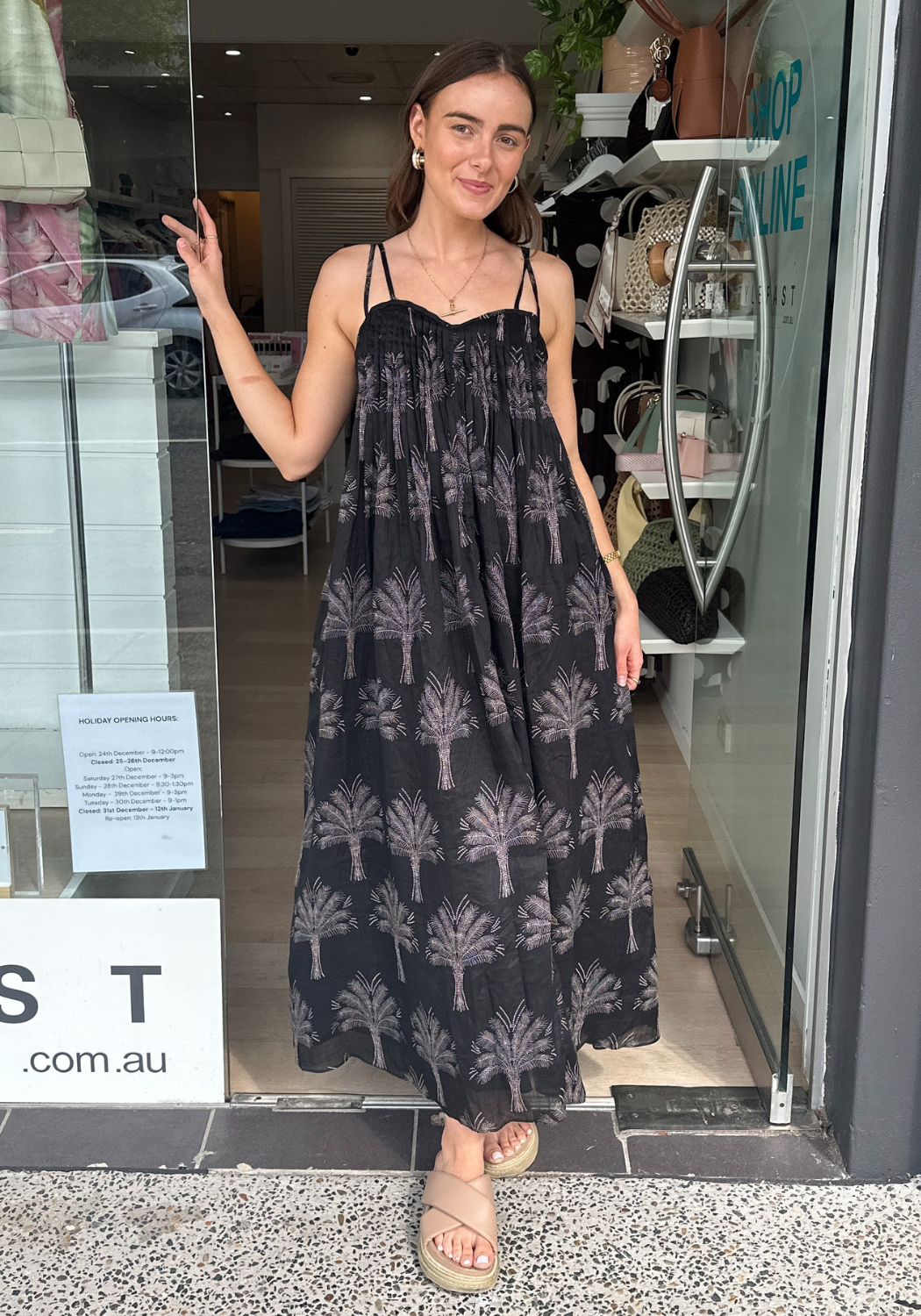 ADORNE INDRA PINTUCK MAXI DRESS - PALM PRINT