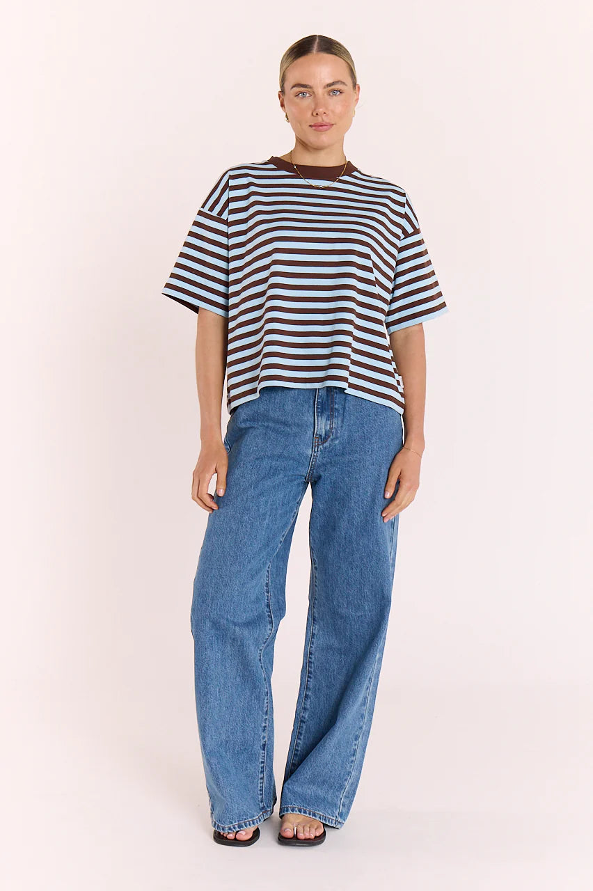 FEATHER + NOISE CARTER BOXY TEE - CHOCOLATE BLUE STRIPE