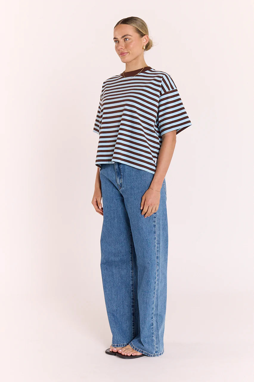 FEATHER + NOISE CARTER BOXY TEE - CHOCOLATE BLUE STRIPE