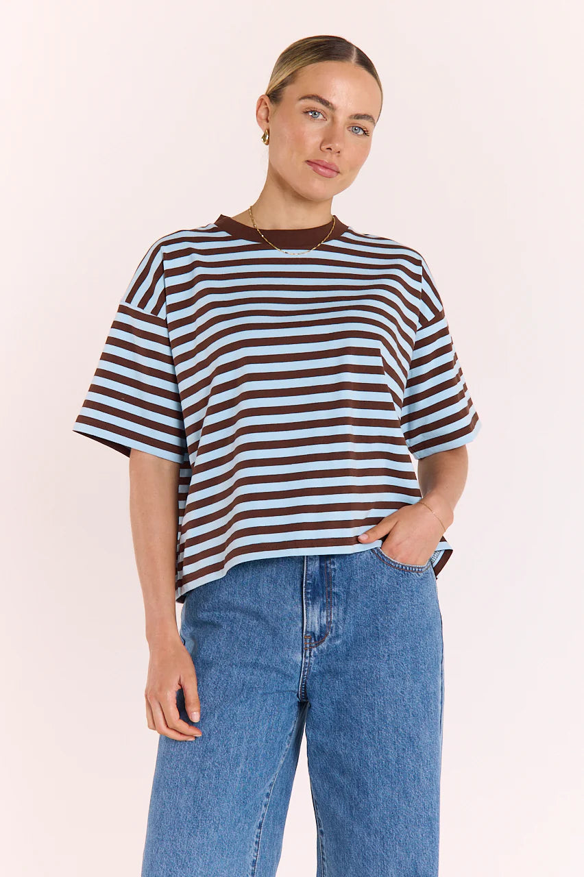 FEATHER + NOISE CARTER BOXY TEE - CHOCOLATE BLUE STRIPE