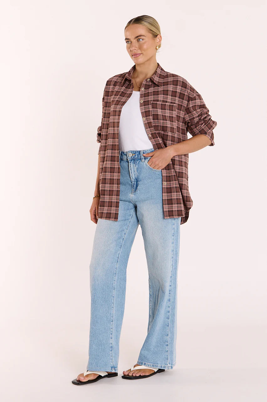 FEATHER + NOISE LUCA SHIRT - PINK CHOCOLATE CHECK