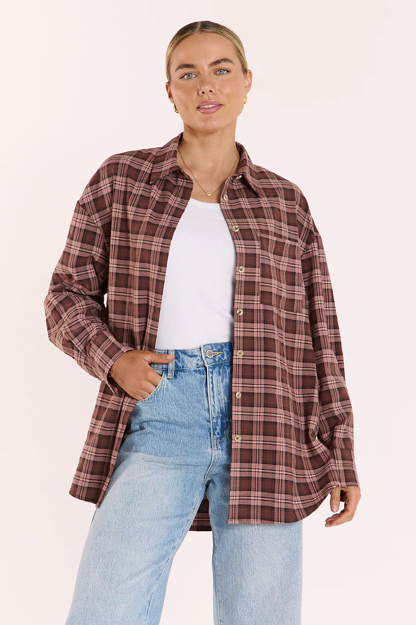 FEATHER + NOISE LUCA SHIRT - PINK CHOCOLATE CHECK