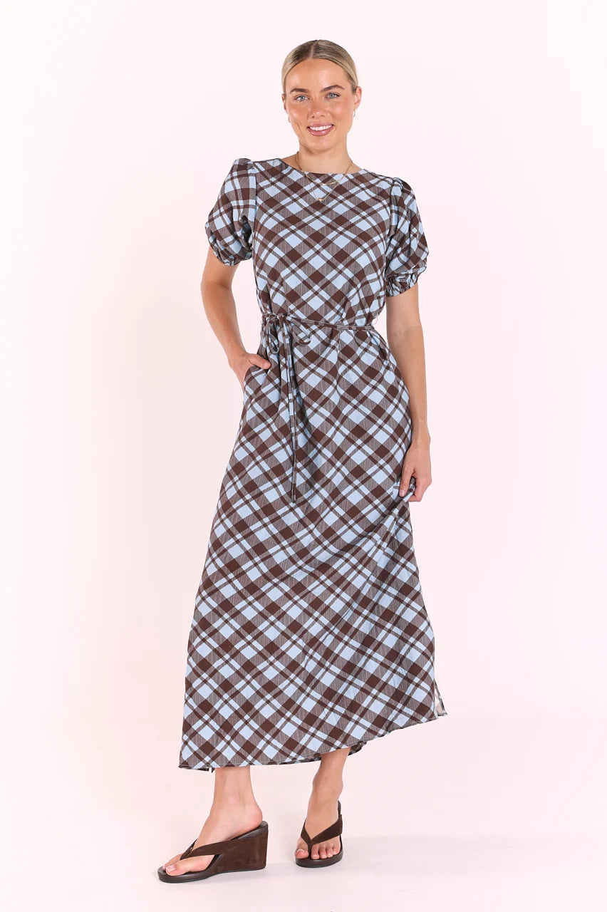 FEATHER + NOISE LORETTA DRESS - BLUE/CHOCOLATE CHECK