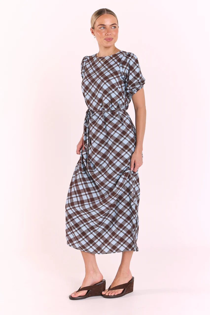 FEATHER + NOISE LORETTA DRESS - BLUE/CHOCOLATE CHECK