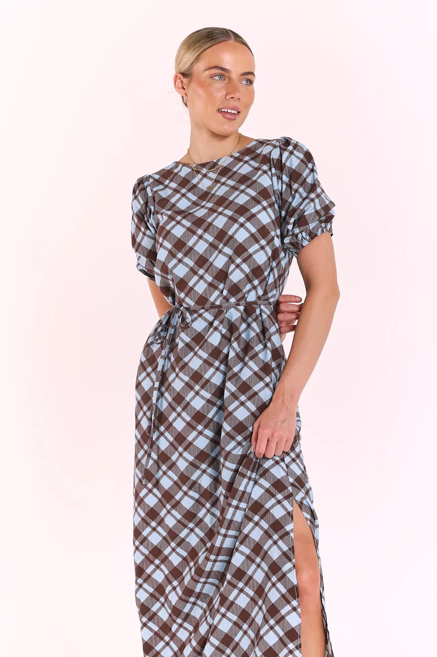 FEATHER + NOISE LORETTA DRESS - BLUE/CHOCOLATE CHECK