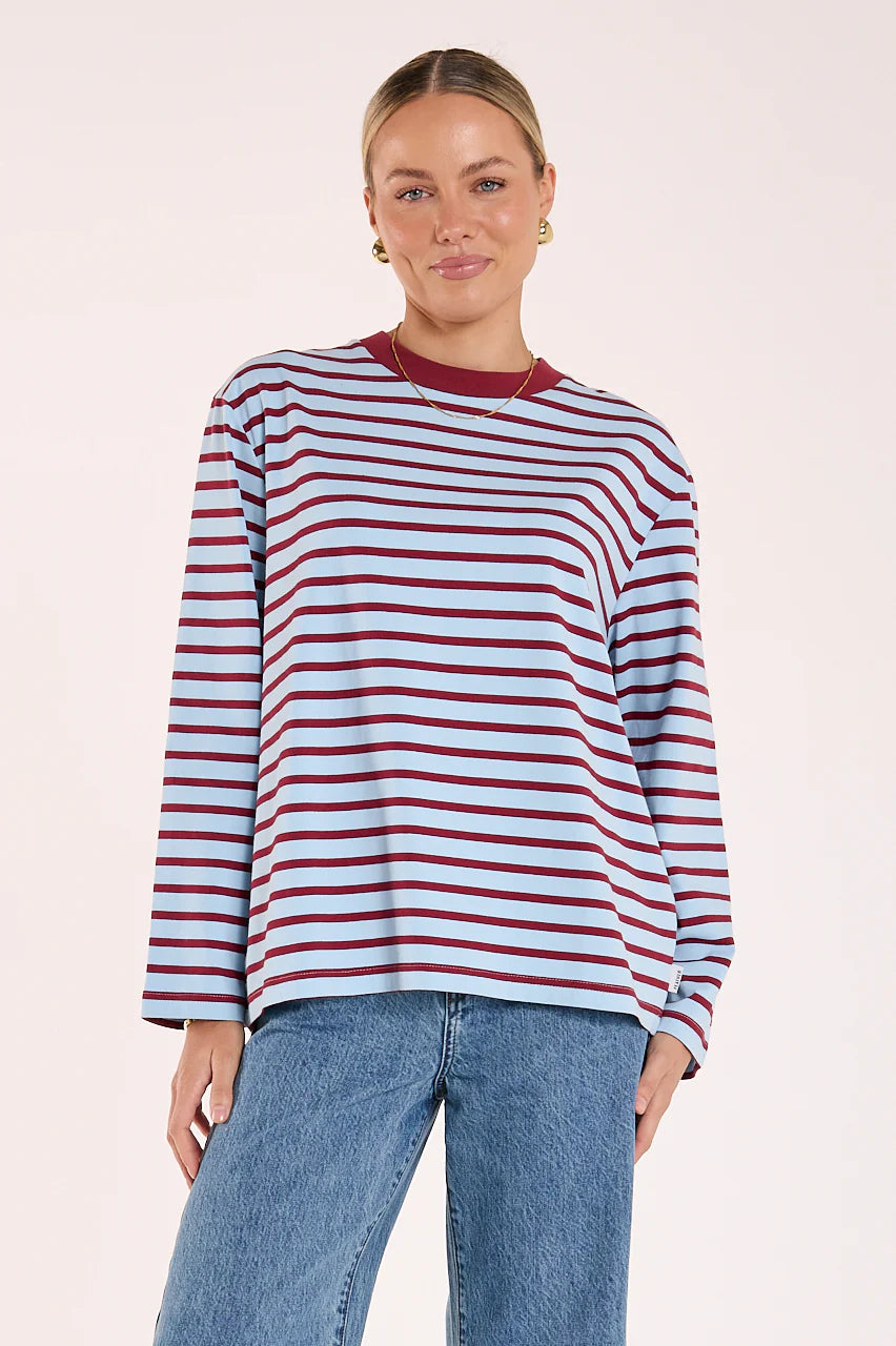 FEATHER + NOISE CARTER LONG SLEEVE TEE - WINE/BLUE STRIPE