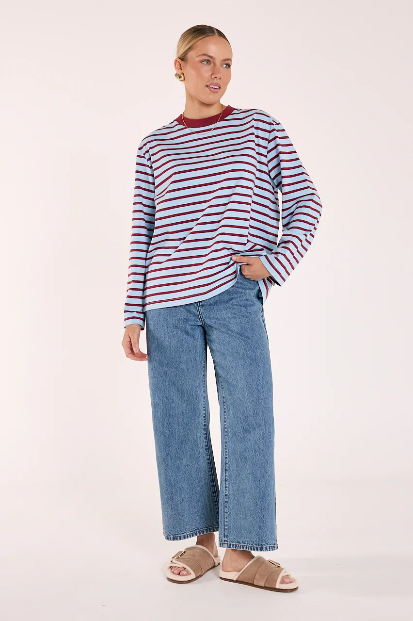 FEATHER + NOISE CARTER LONG SLEEVE TEE - WINE/BLUE STRIPE
