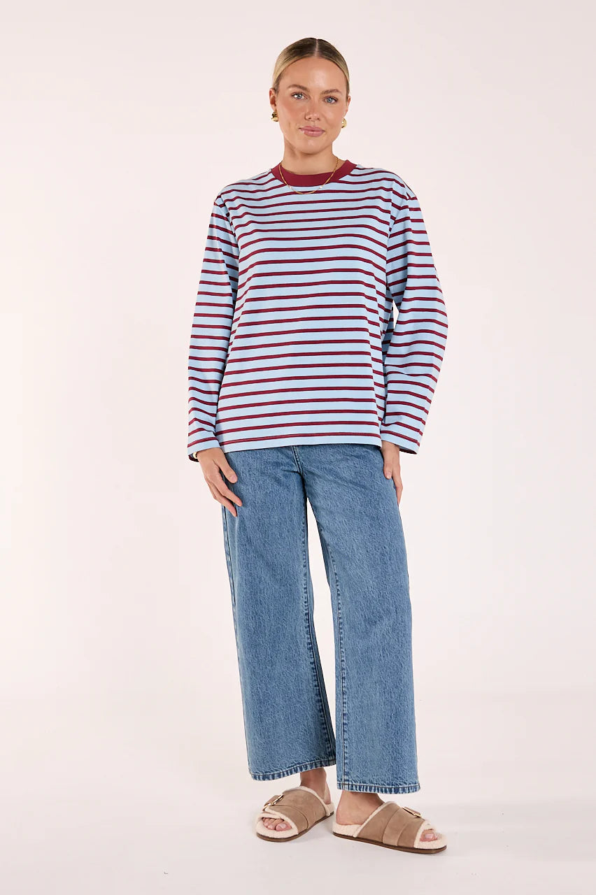 FEATHER + NOISE CARTER LONG SLEEVE TEE - WINE/BLUE STRIPE