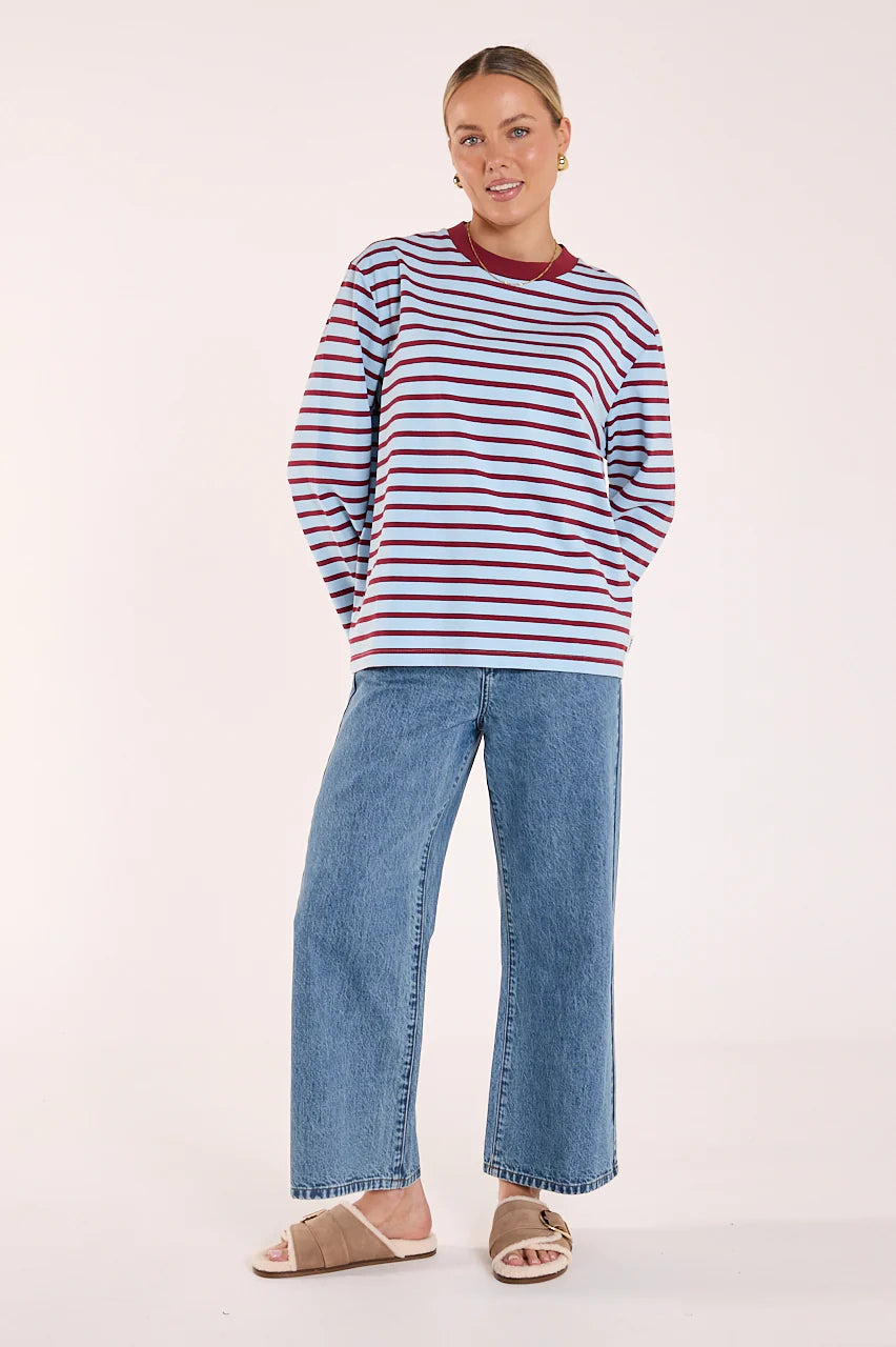 FEATHER + NOISE CARTER LONG SLEEVE TEE - WINE/BLUE STRIPE