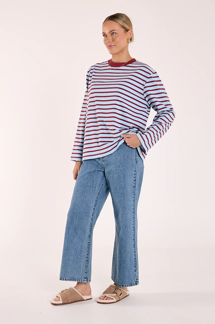 FEATHER + NOISE CARTER LONG SLEEVE TEE - WINE/BLUE STRIPE