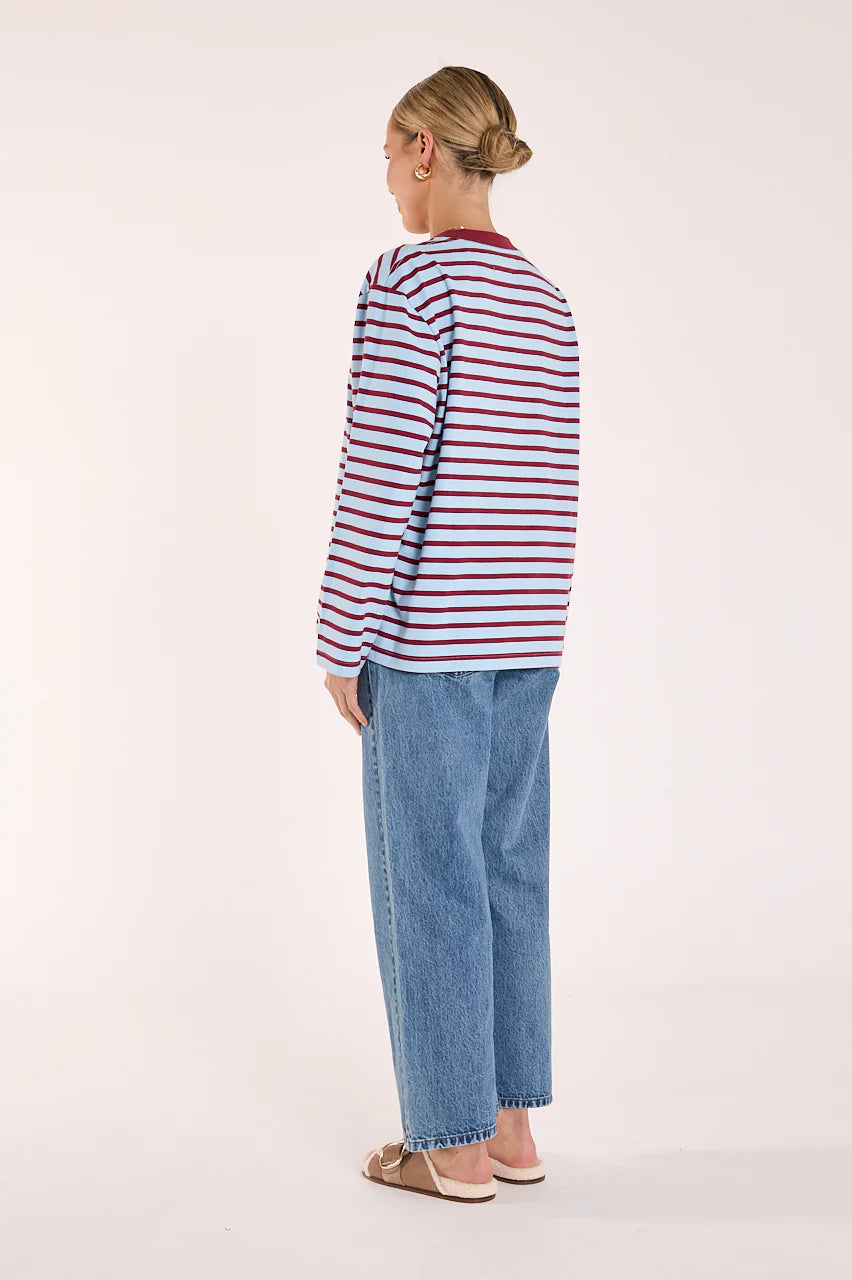 FEATHER + NOISE CARTER LONG SLEEVE TEE - WINE/BLUE STRIPE