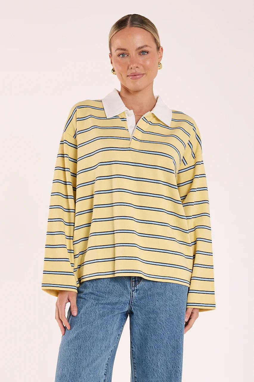 FEATHER + NOISE FINN LONG SLEEVE RUGBY TOP - BUTTER BLUE STRIPE