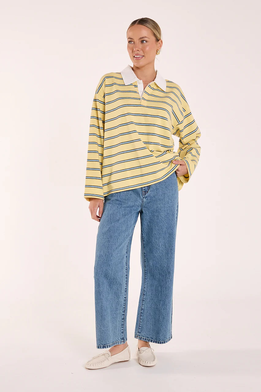 FEATHER + NOISE FINN LONG SLEEVE RUGBY TOP - BUTTER BLUE STRIPE