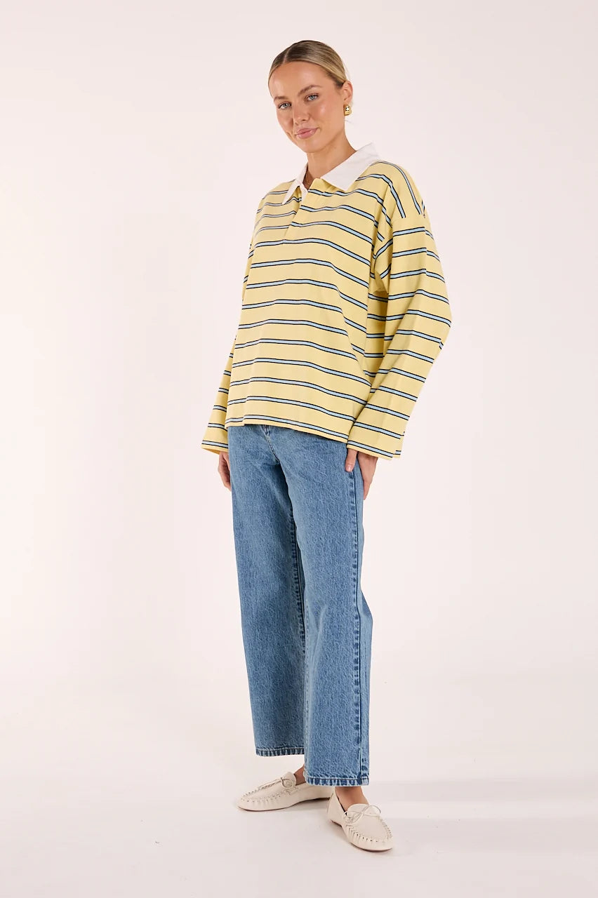 FEATHER + NOISE FINN LONG SLEEVE RUGBY TOP - BUTTER BLUE STRIPE