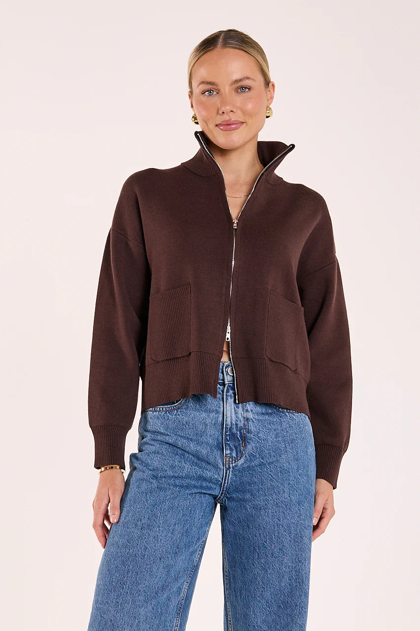 FEATHER + NOISE BONNIE ZIP KNIT - CHOCOLATE