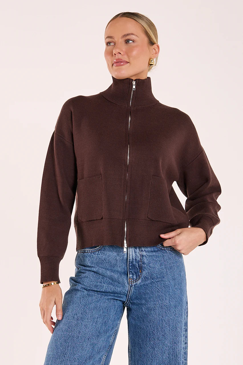 FEATHER + NOISE BONNIE ZIP KNIT - CHOCOLATE