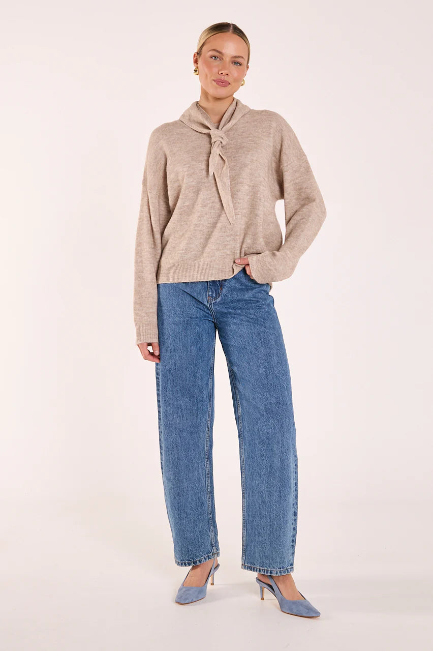 FEATHER + NOISE OLIVE TIE NECK KNIT - MOCHA MARLE