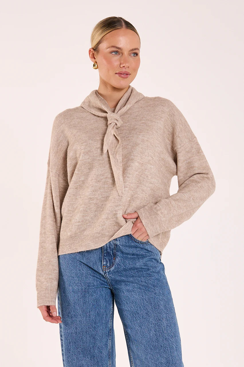 FEATHER + NOISE OLIVE TIE NECK KNIT - MOCHA MARLE