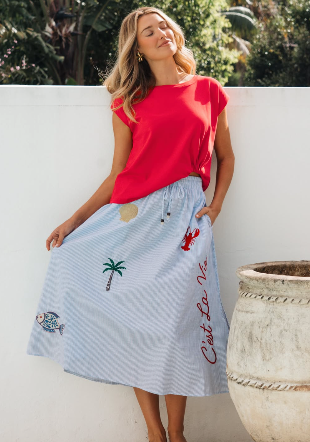 CELINE EMBROIDERY MIDI SKIRT - BLUE/WHITE STRIPE