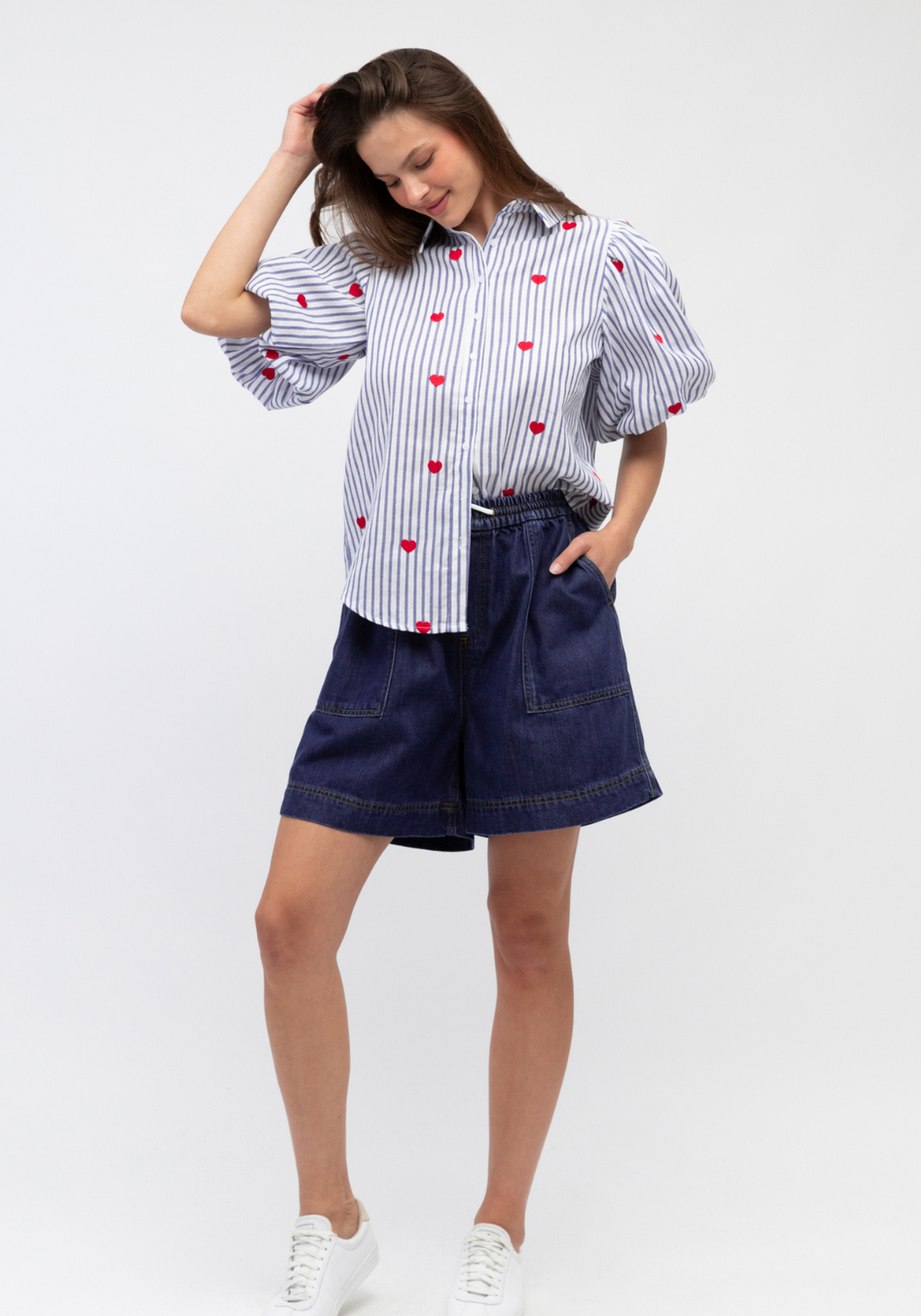 CARMEN BUTTON THROUGH BLOUSE - BLUE STRIPE
