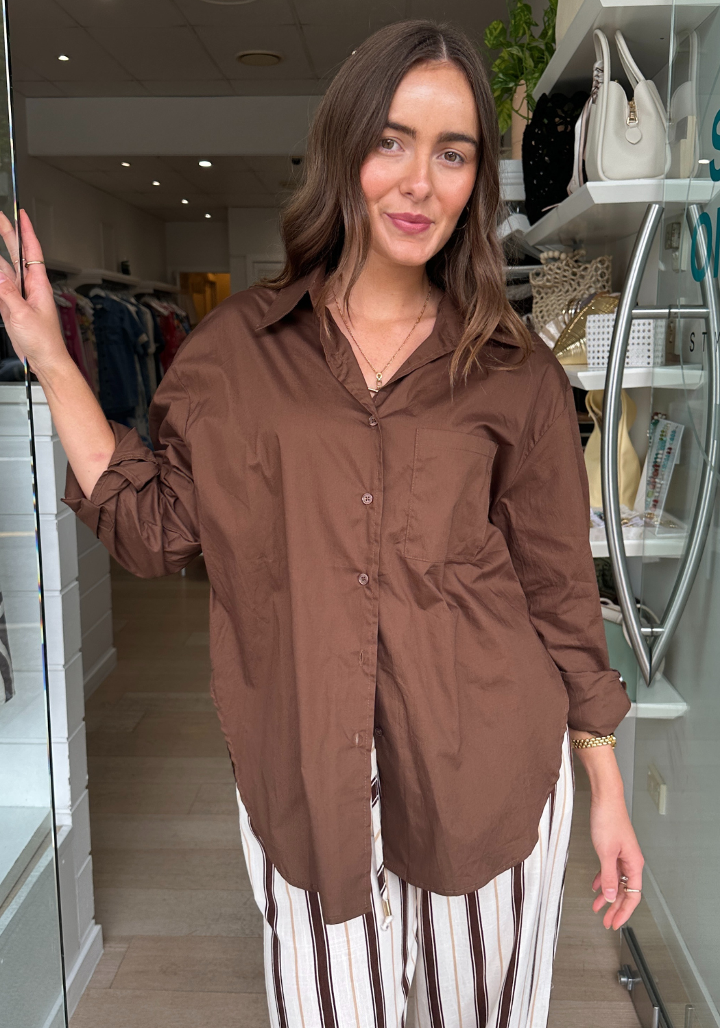 ZANA BUTTON THROUGH SHIRT - BROWN