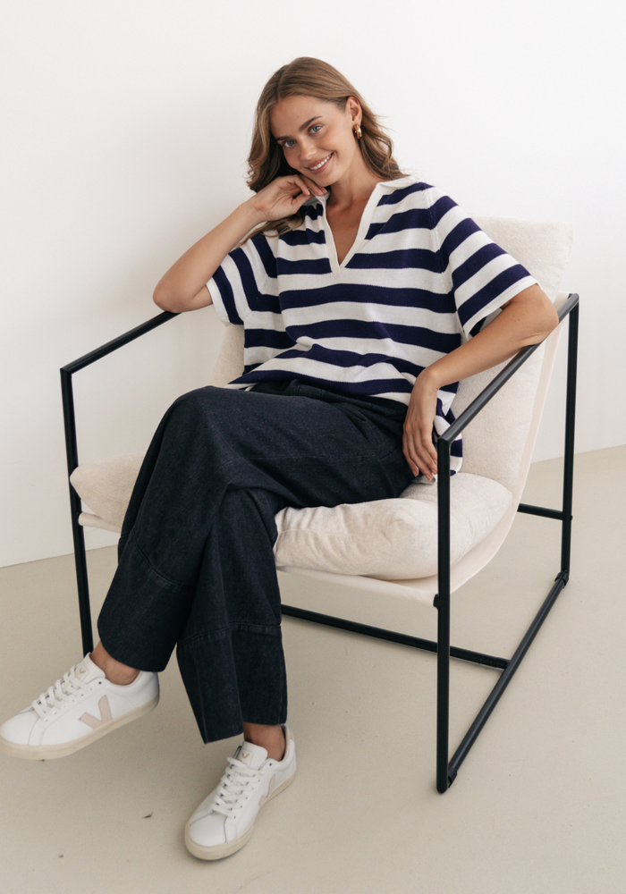 VICTORIA COLLARED KNIT - NAVY & WHITE