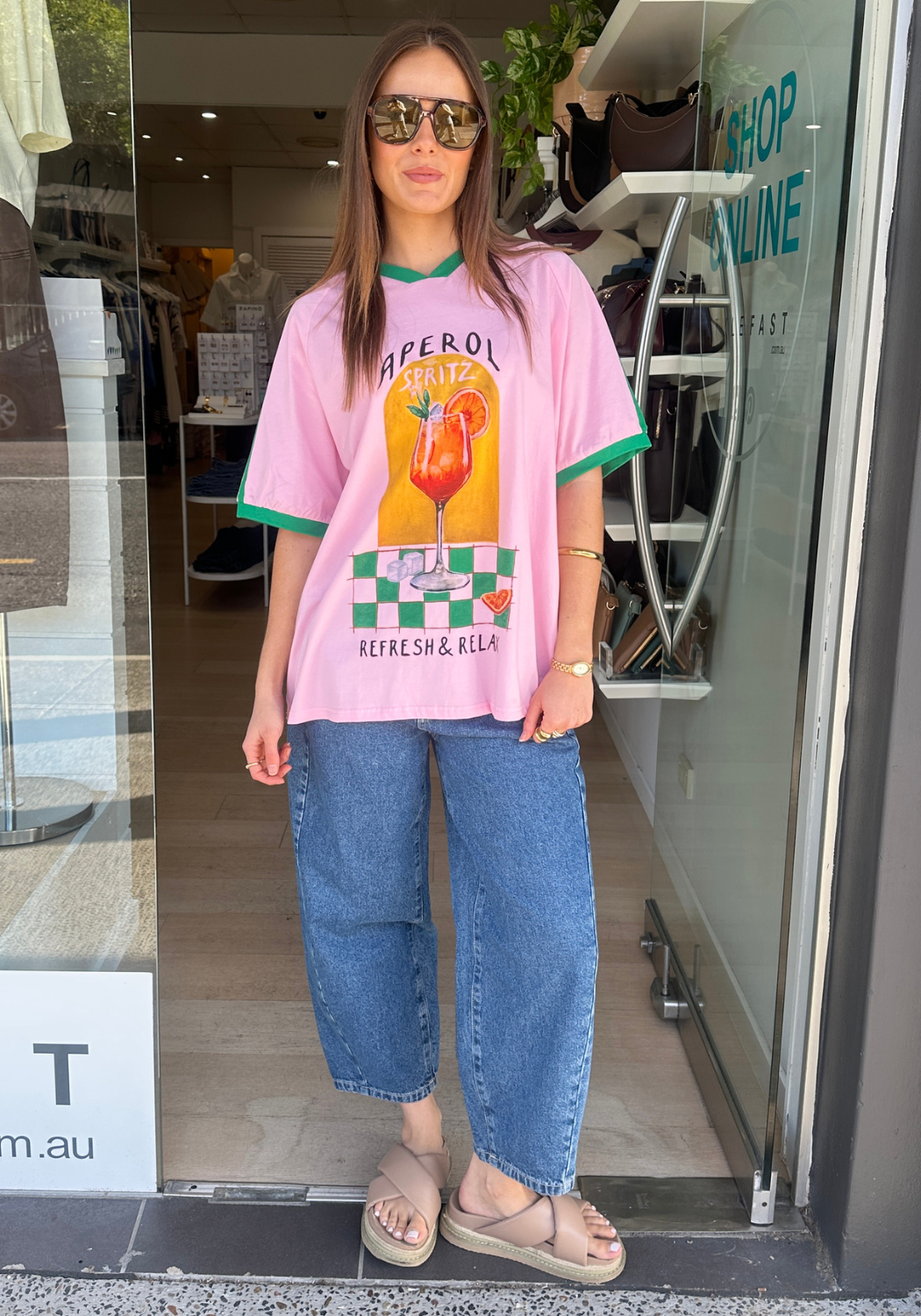 BY FRANKIE V NECK APEROL SPRITZ OVERSIZED TEE - PINK/GREEN