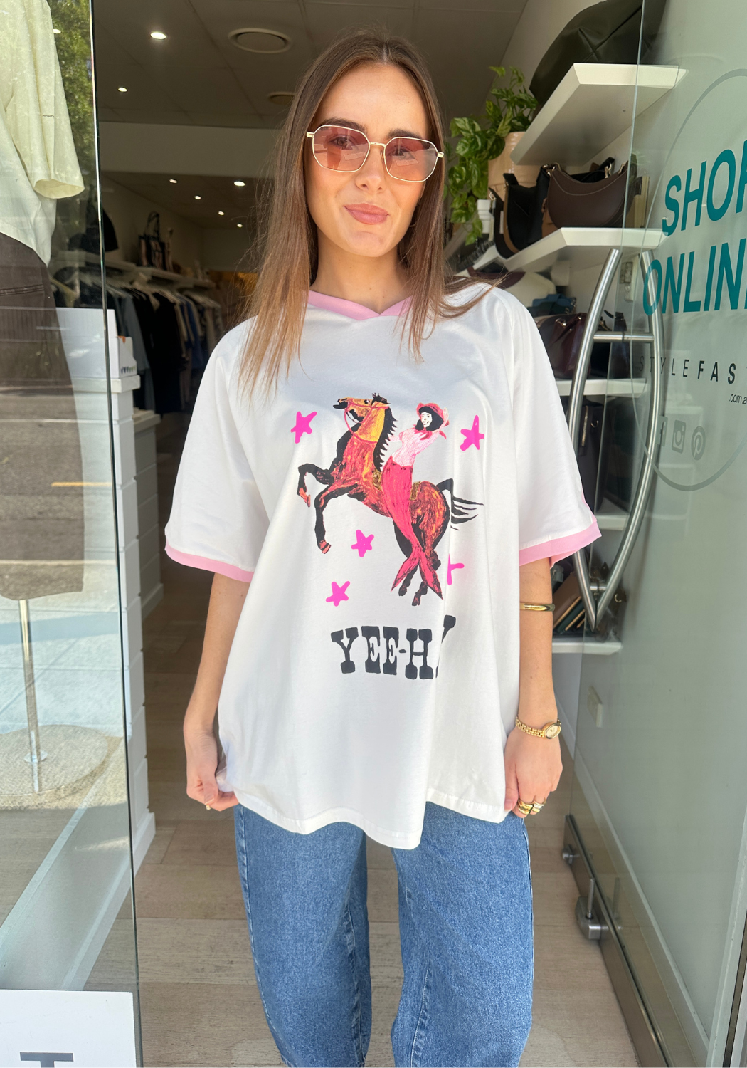 BY FRANKIE V NECK YEE HAW OVERSIZED TEE - WHITE/PINK