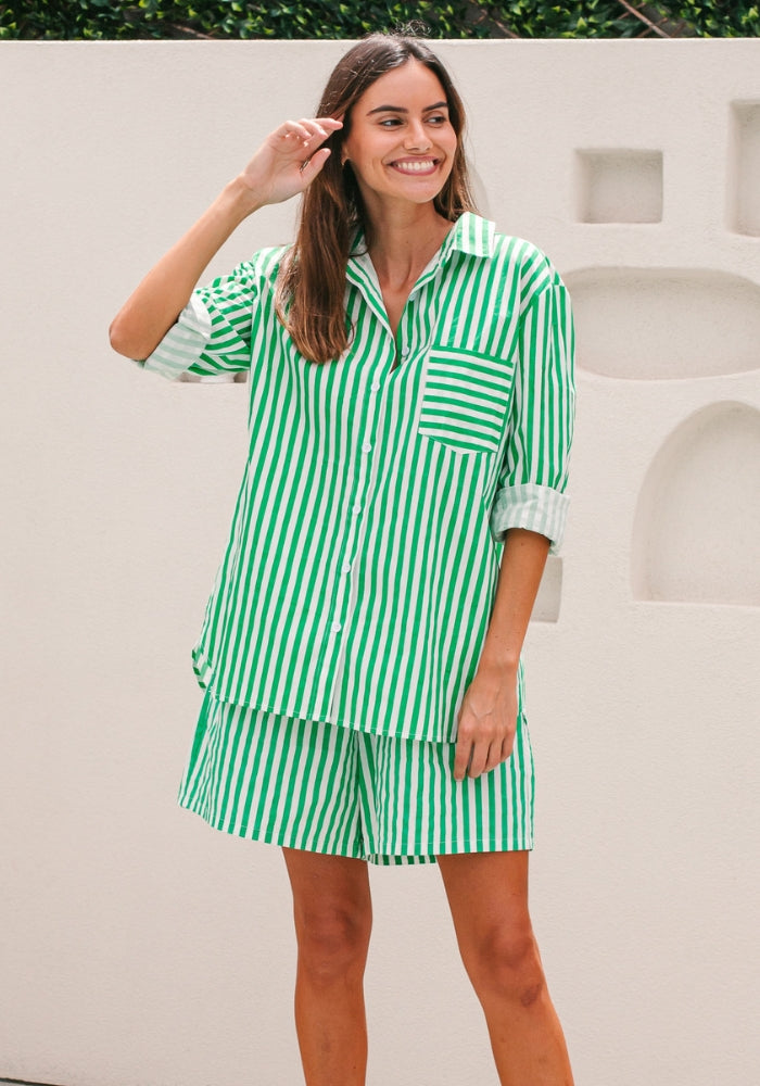 Load image into Gallery viewer, CIRC COTTON STRIPE SHIRT - GREEN &amp; WHITE