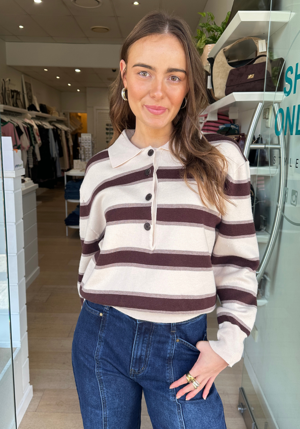 EMMY COLLARED KNIT JUMPER - LATTE LINES