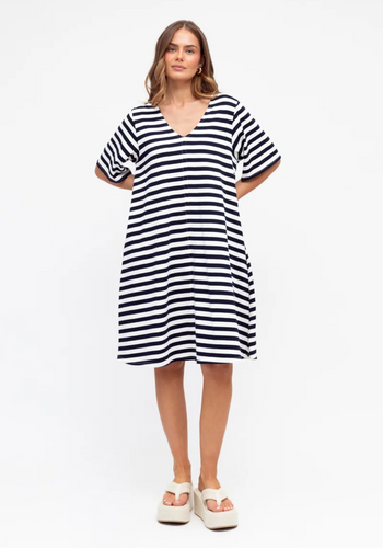 RENEE A LINE TEE SHIRT DRESS - NAVY STRIPE