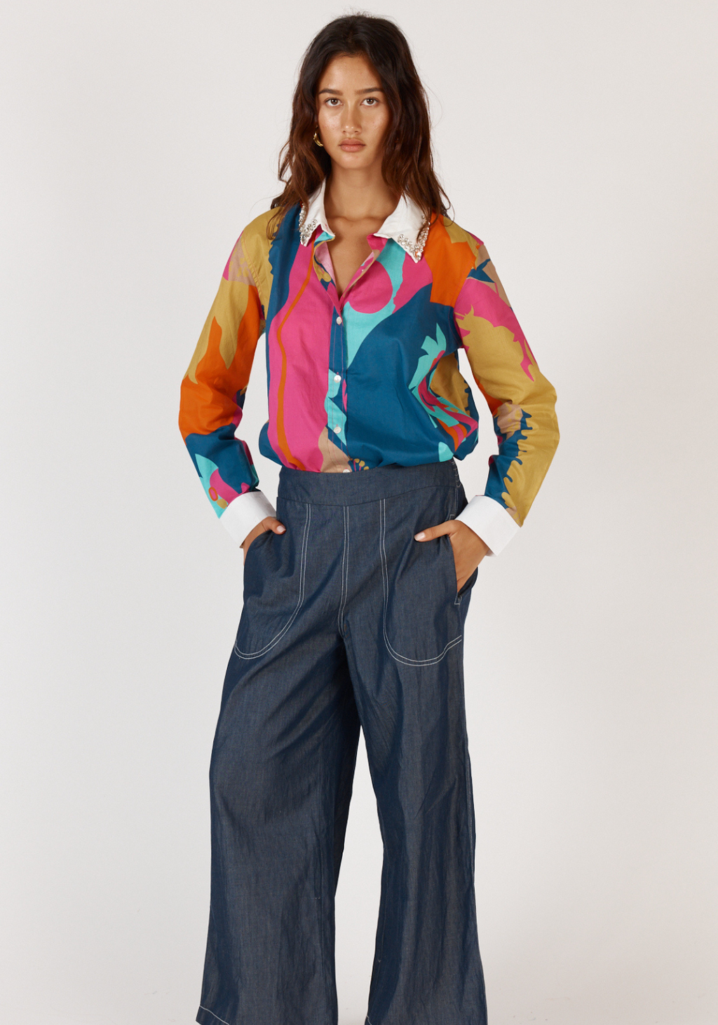 RUBYYAYA LOTUS BLOOM EMBELLISHED SHIRT - MULTI PRINT