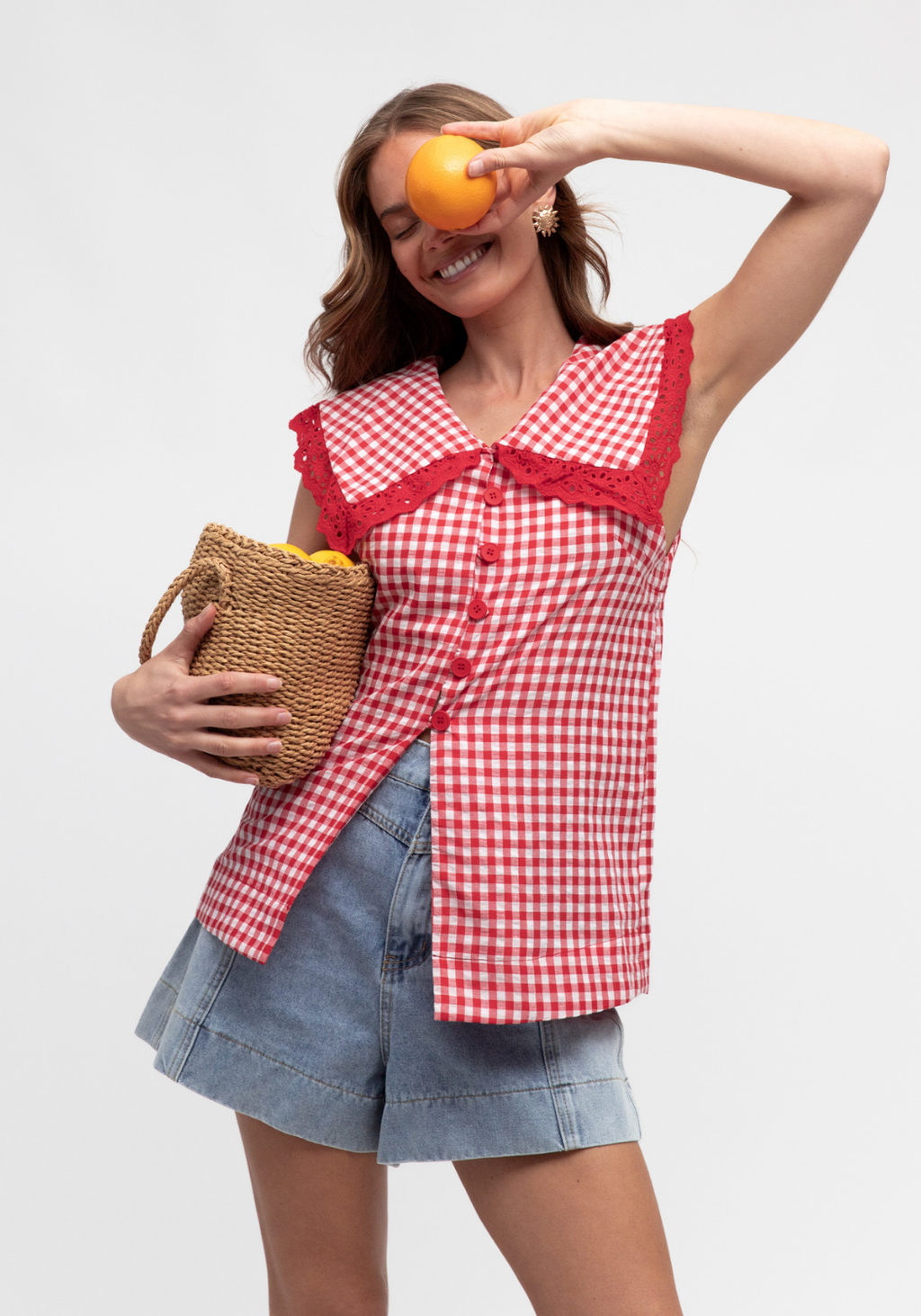 ABIGAIL PETER PAN COLLAR TOP - RED GINGHAM