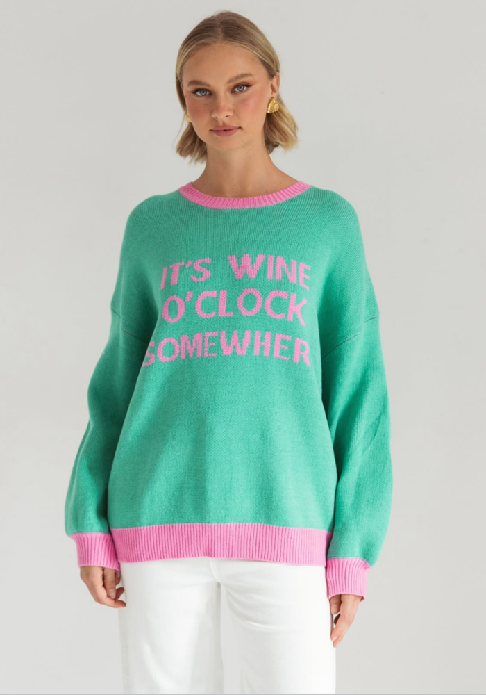 IT'S WINE O'CLOCK SOMEWHERE KNIT - MINT & PINK