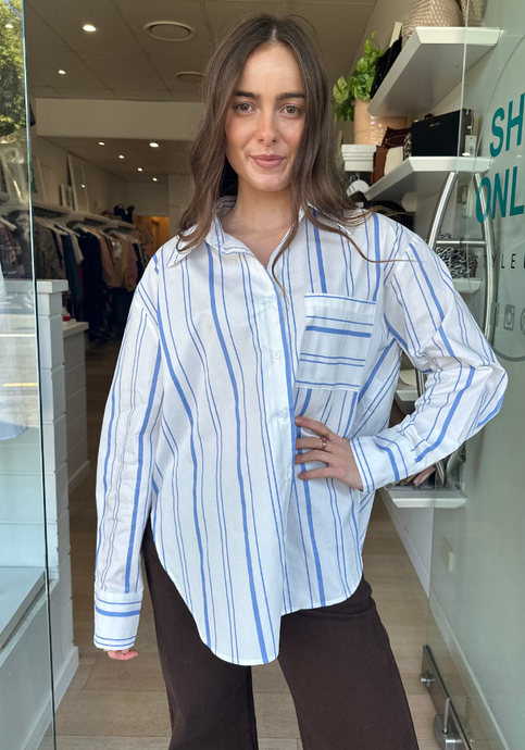 ZANA BUTTON THROUGH SHIRT - WHITE & BLUE