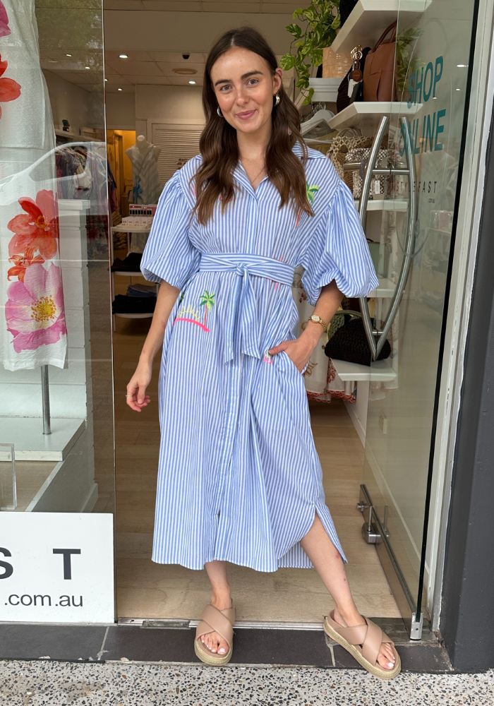 RUBY EMBROIDERED SHIRTDRESS - BLUE/WHITE STRIPE