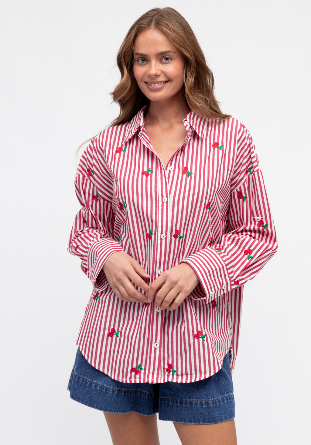 KIMMY BUTTON THROUGH SHIRT - RED STRIPE