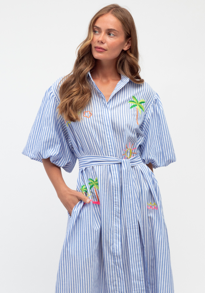 RUBY EMBROIDERED SHIRTDRESS - BLUE/WHITE STRIPE